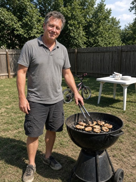 a man in a grey polo grilling in a backyard