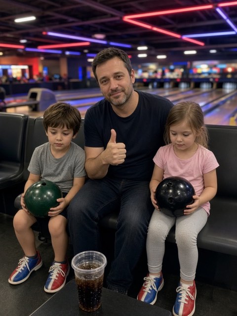 a man with a thumbs up and two young kids at a bowling alley