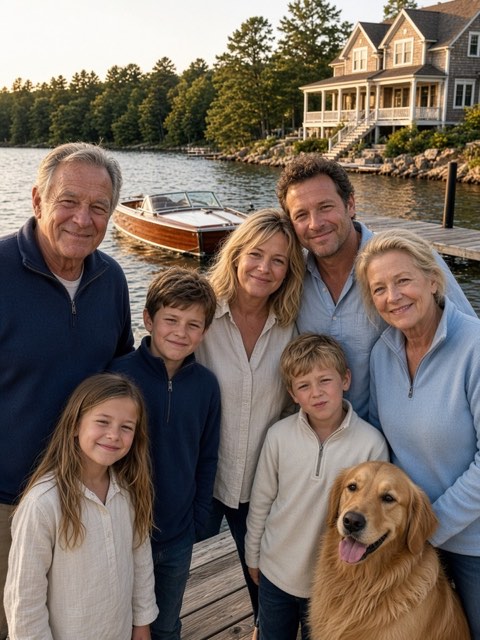 a family of different ages with a golden retriever on a dock by a lake house