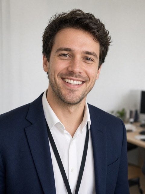 a smiling man in a navy blazer with a lanyard