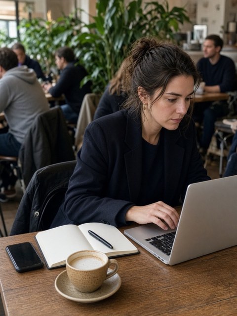a woman working on a laptop with a coffee in an open-plan office