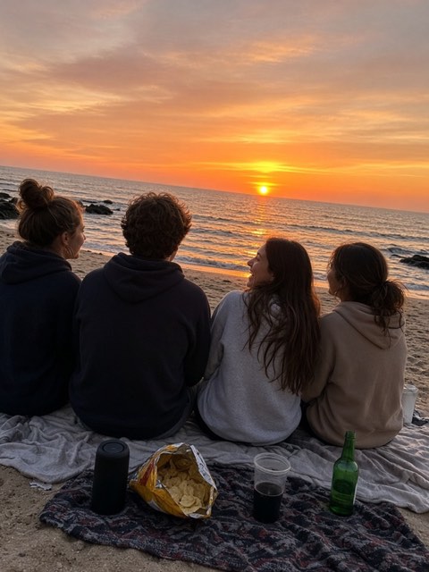 four friends sitting on a beach blanket watching the sunset